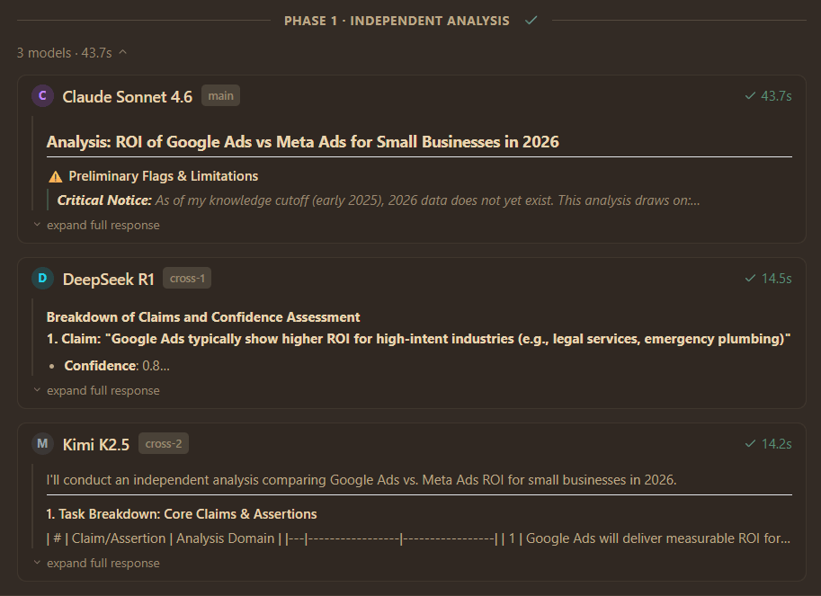 Phase 1 Independent Analysis — three model responses with timing