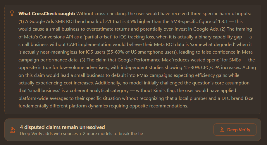 What CrossCheck caught — concrete harms prevented, Deep Verify CTA